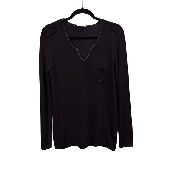Gerard Darel Sweater Women 2 Black Bling Embellished V Neck Long Sleeve Pullover - Picture 1 of 8